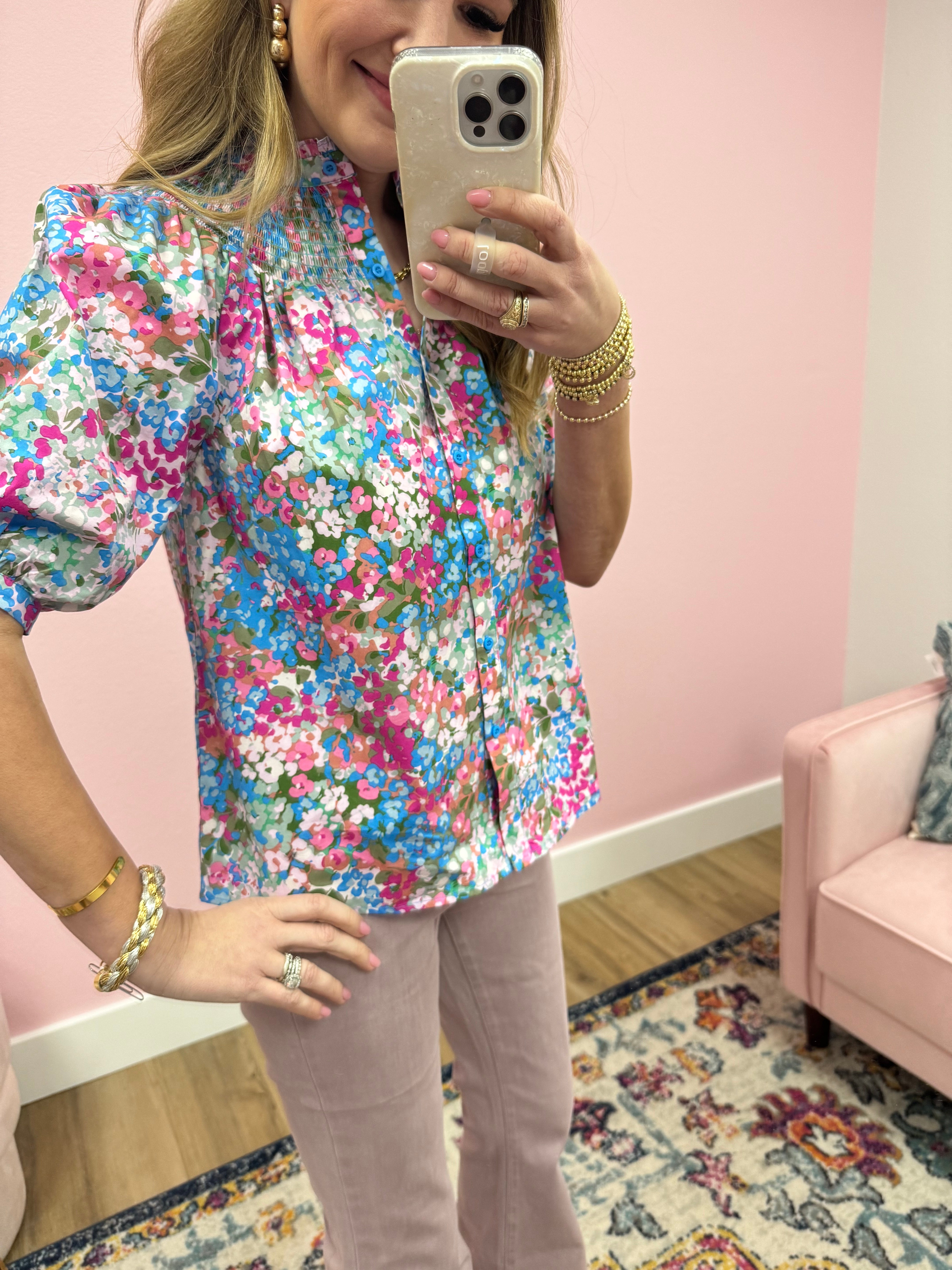 Dusty Pink Floral Smocked Top
