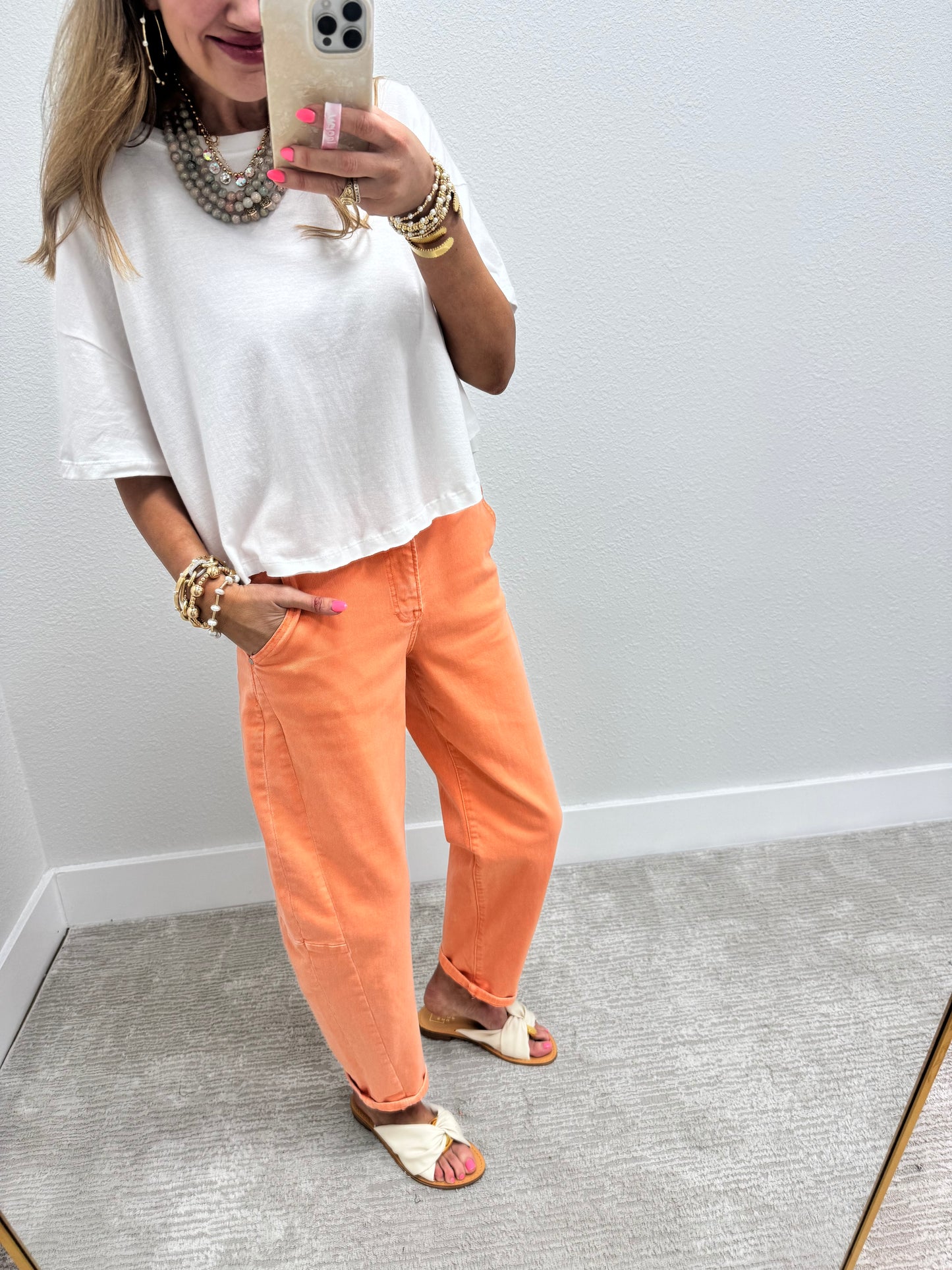 Risen Coral Peach High Rise Relaxed  Barrel Jean