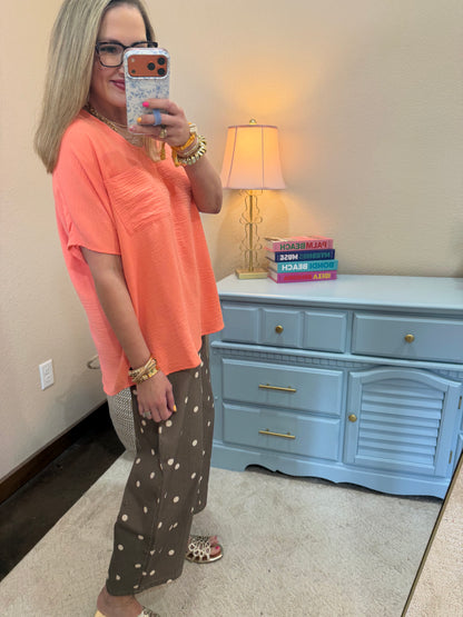 Coral Crinkle Texture V-Neck Top with Pocket