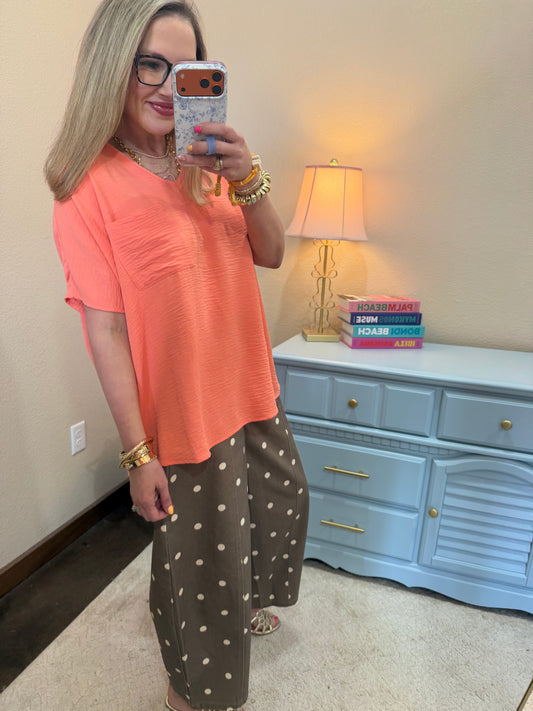 Coral Crinkle Texture V-Neck Top with Pocket