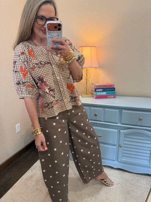 Brown Polka Dot Wide Denim Pants