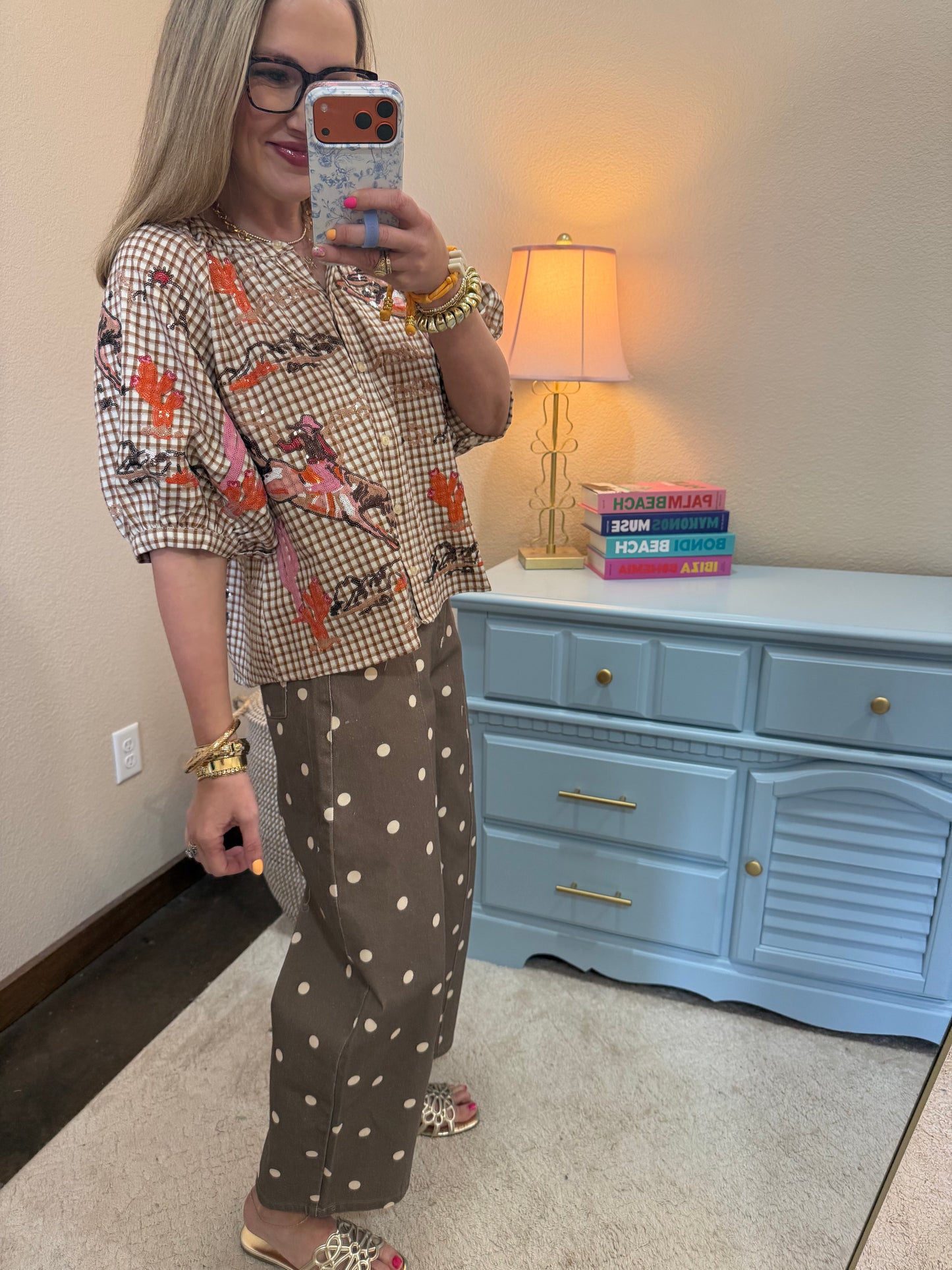 Brown Polka Dot Wide Denim Pants