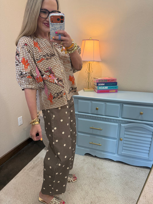 Brown Polka Dot Wide Denim Pants