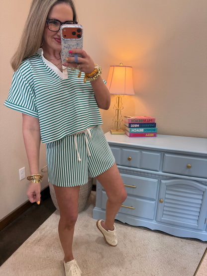 Green Striped Collared Top & Short Set