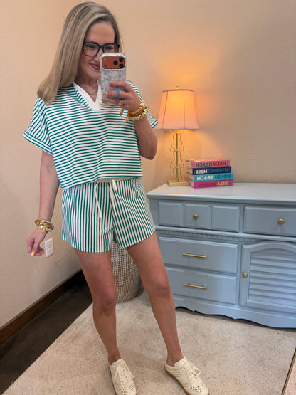 Green Striped Collared Top & Short Set