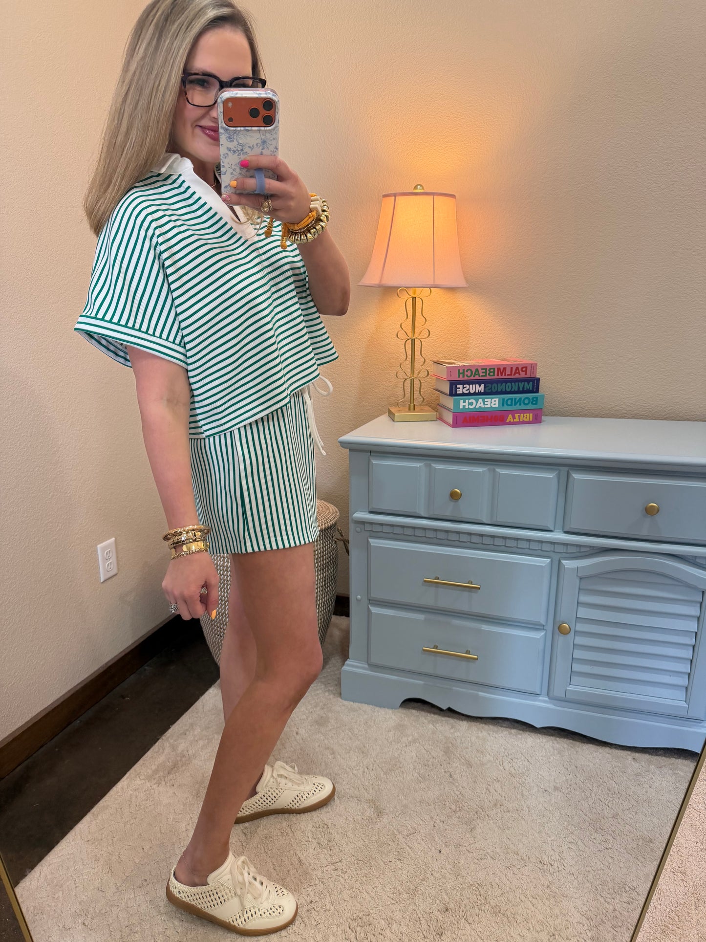 Green Striped Collared Top & Short Set