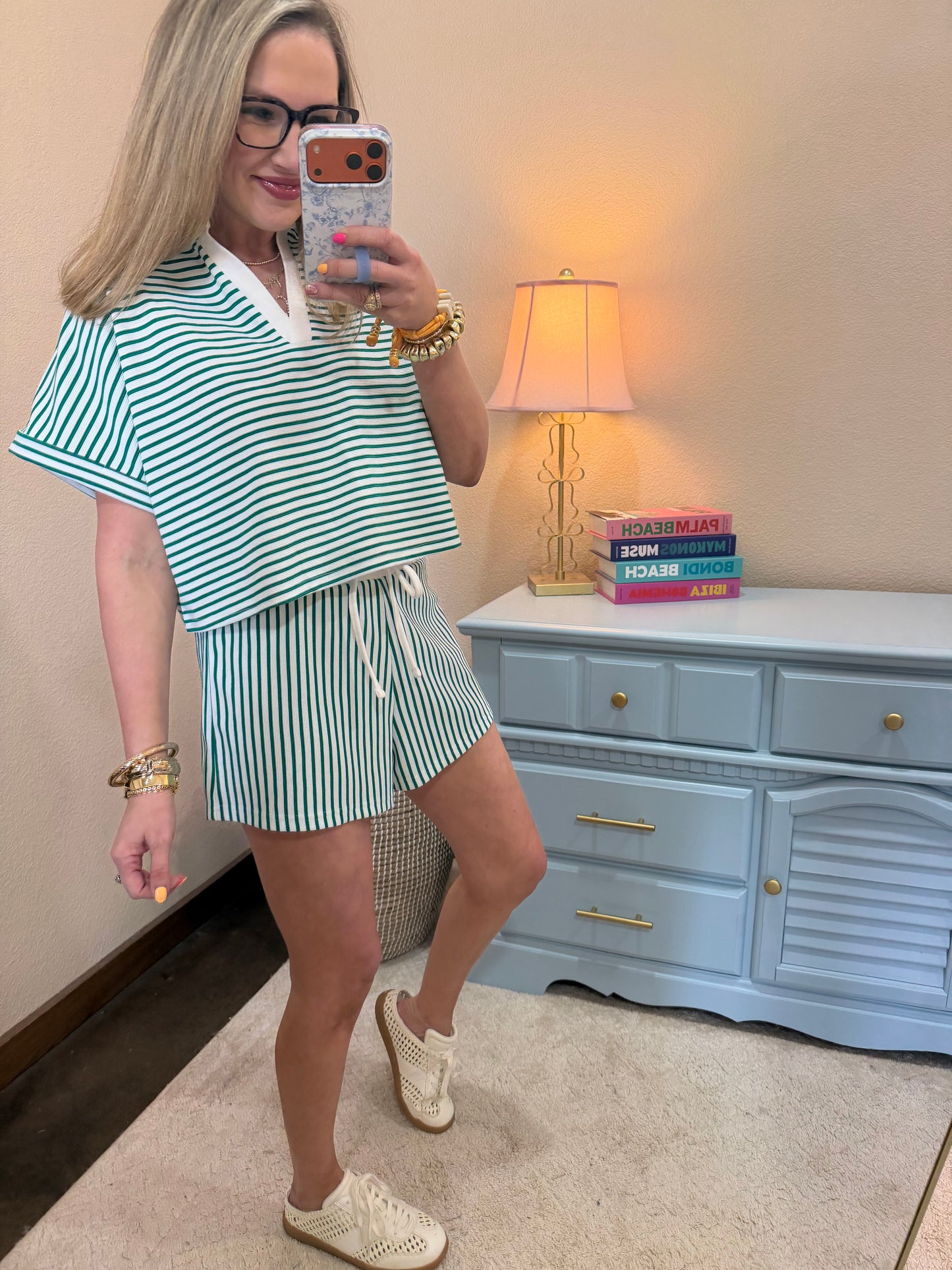 Green Striped Collared Top & Short Set