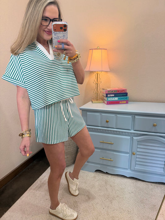 Green Striped Collared Top & Short Set