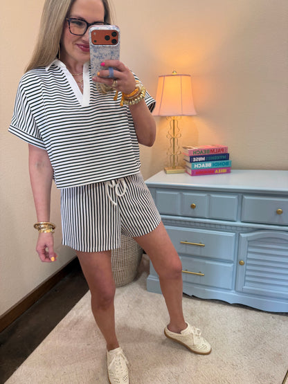 Black Striped Collared Top & Short Set