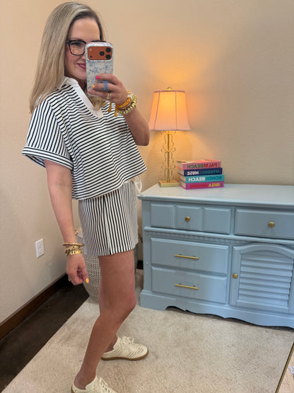 Black Striped Collared Top & Short Set