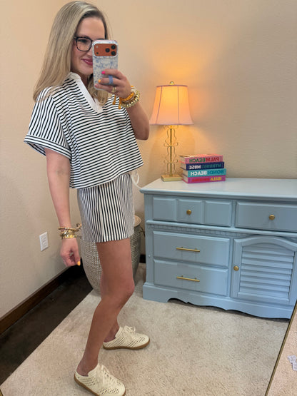 Black Striped Collared Top & Short Set