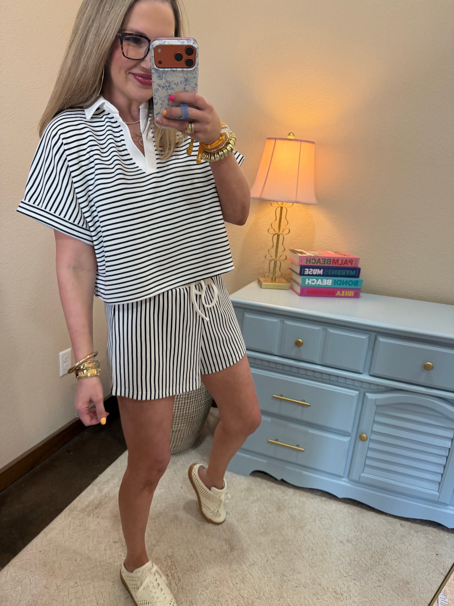 Black Striped Collared Top & Short Set