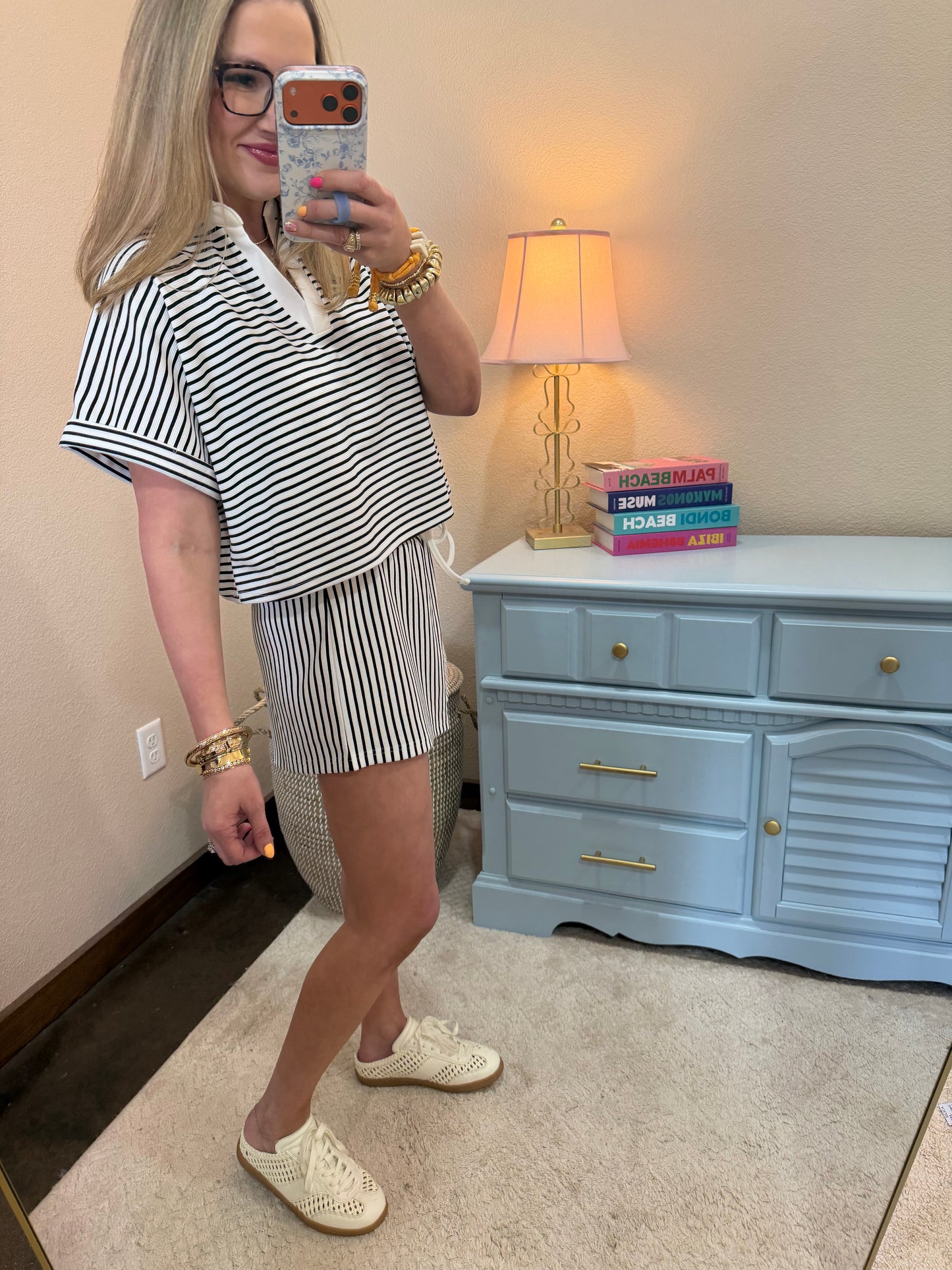 Black Striped Collared Top & Short Set