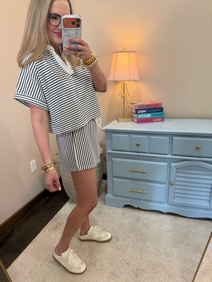 Black Striped Collared Top & Short Set