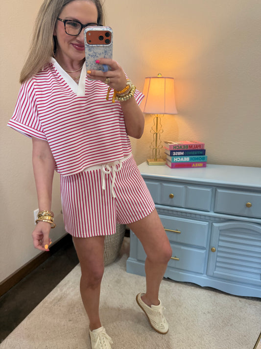 Hot Pink Striped Collared Top & Short Set