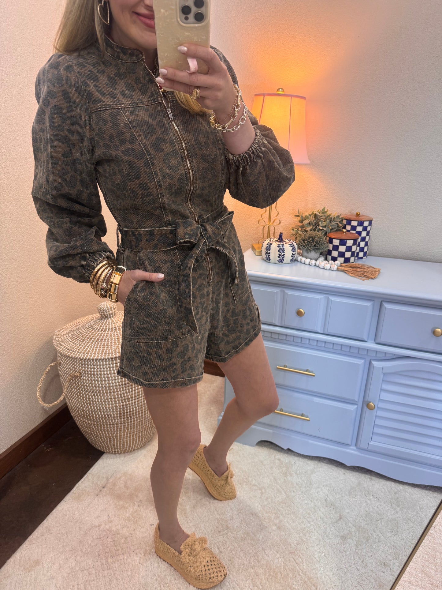 Front Zip Up Washed Mocha Leopard Romper