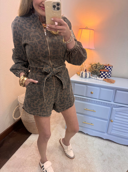 Front Zip Up Washed Mocha Leopard Romper FS