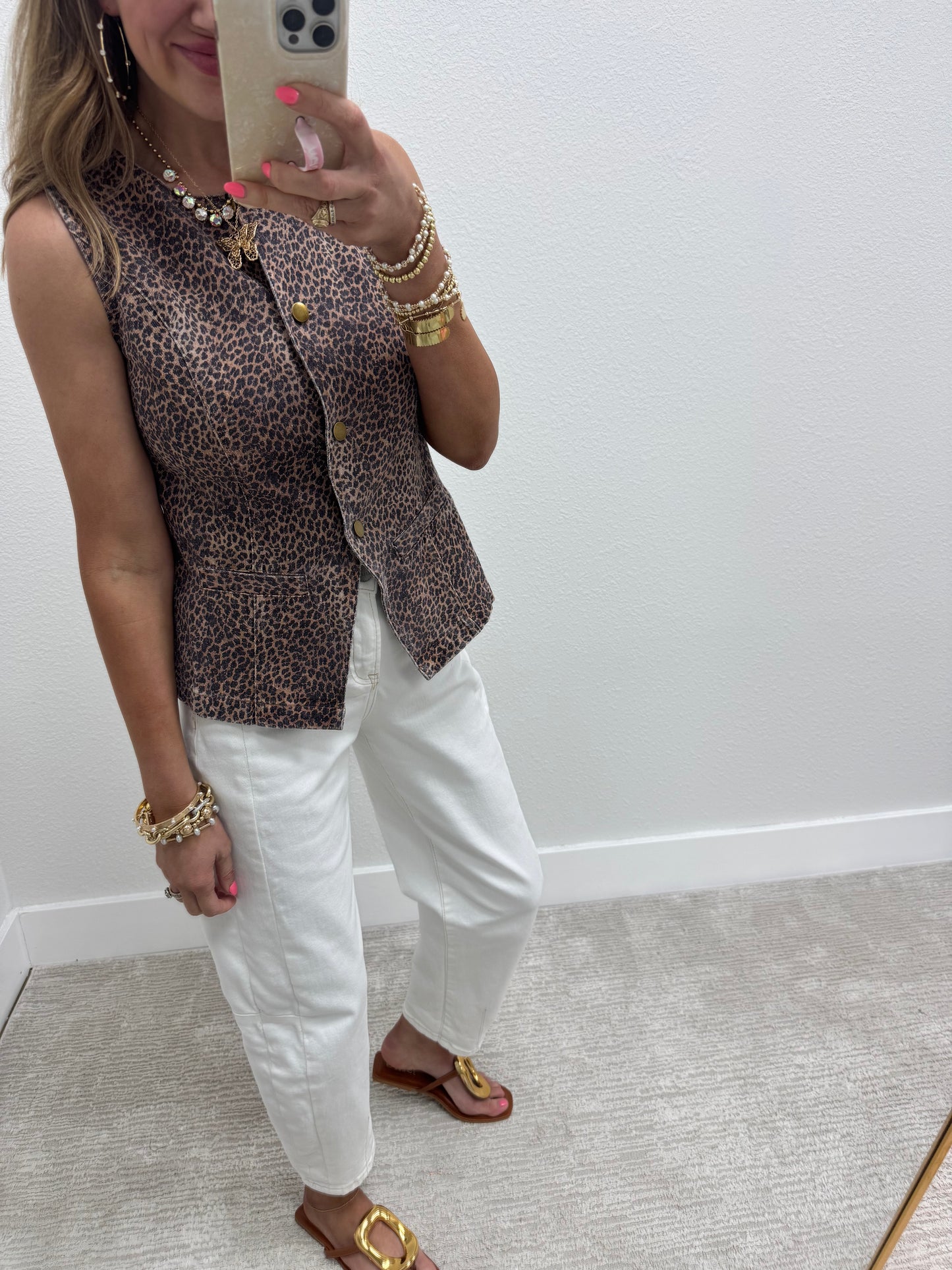 Leopard Denim Button Vest