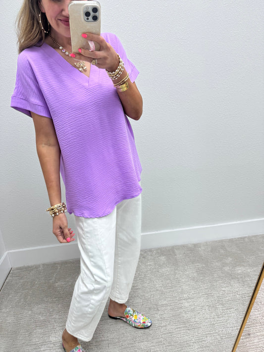 Lavender Poly Woven V-neck Short sleeve