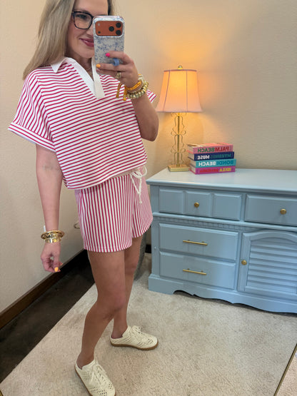 Hot Pink Striped Collared Top & Short Set