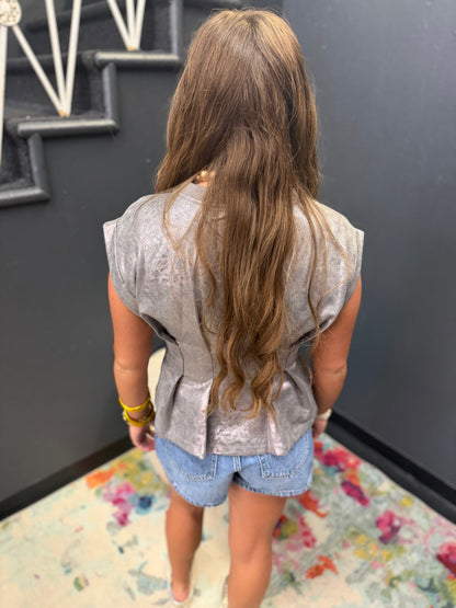 Grey Metallic Peplum Top