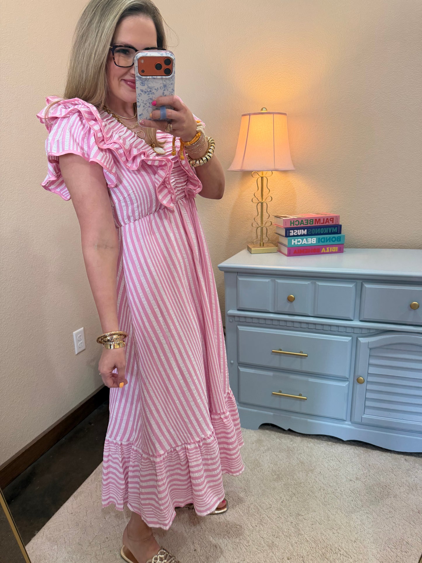 Pink Stripe Ruffle Midi Dress