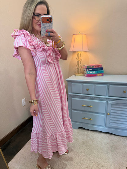 Pink Stripe Ruffle Midi Dress