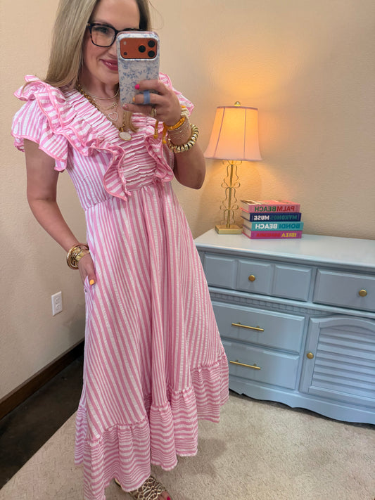 Pink Stripe Ruffle Midi Dress