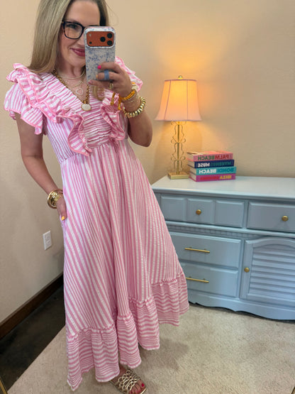 Pink Stripe Ruffle Midi Dress