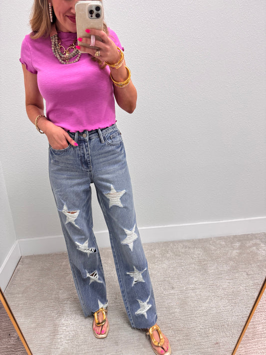 Judy Blue Rigid Magic Star Shaped Destroy 90's Straight Leg Jean FS