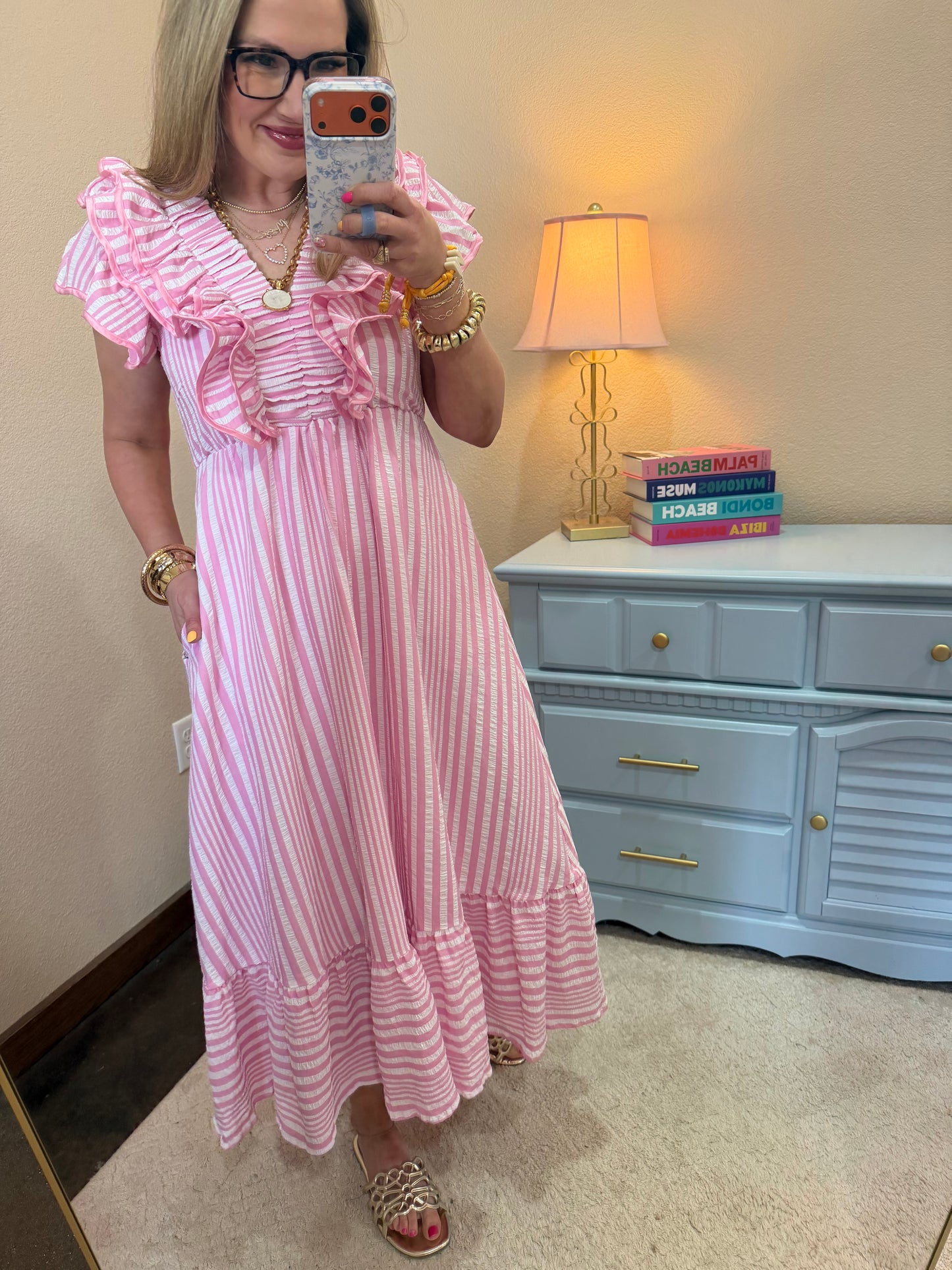 Pink Stripe Ruffle Midi Dress