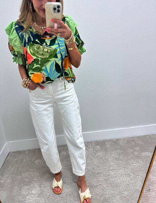 Green Tropical Print Ruffle Sleeve Top