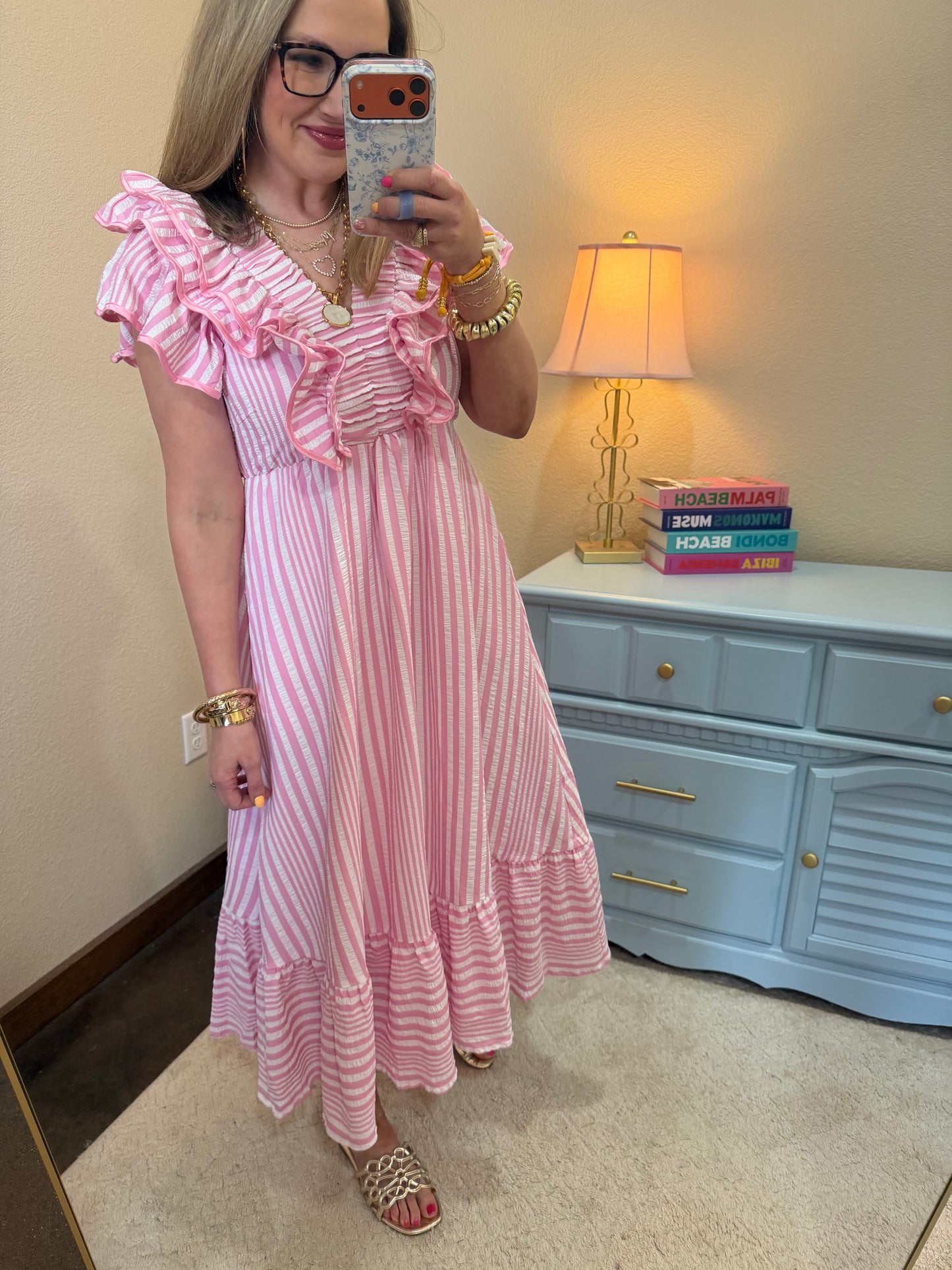 pink ruffled midi dress Pink Stripe Ruffle Midi Dress Medium