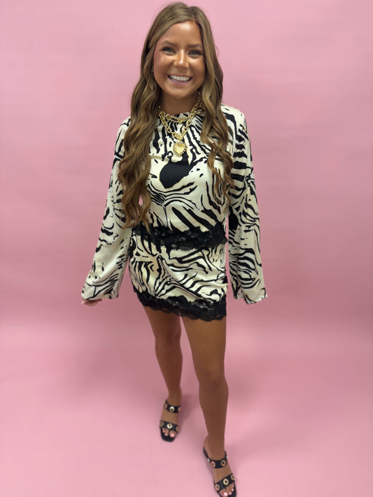 Zebra Print Long Sleeve Skirt Set