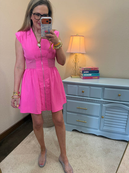 Hot Pink V-neck Front Zip Waist Smocked Mini Dress