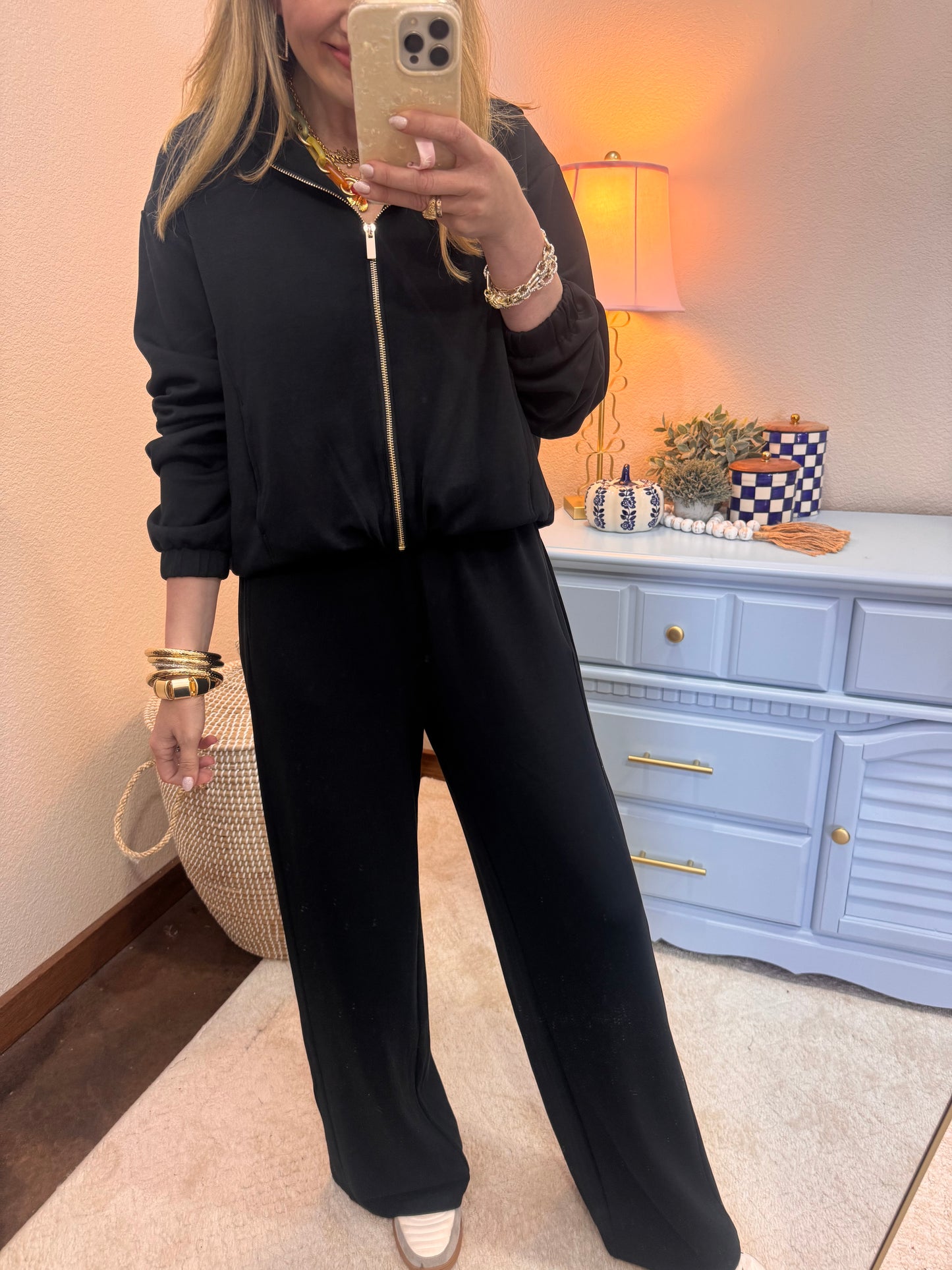 Black Scuba Gold Zip Two Piece Set