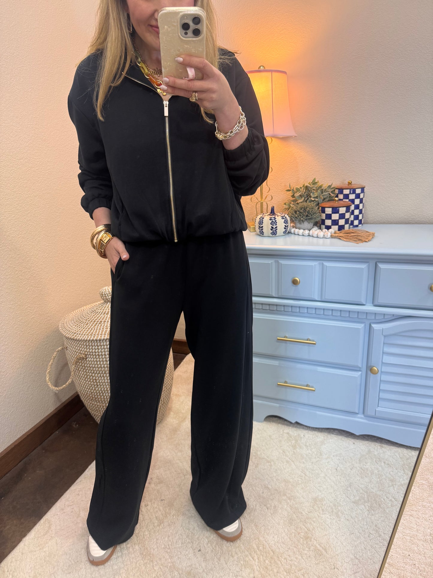 Black Scuba Gold Zip Two Piece Set