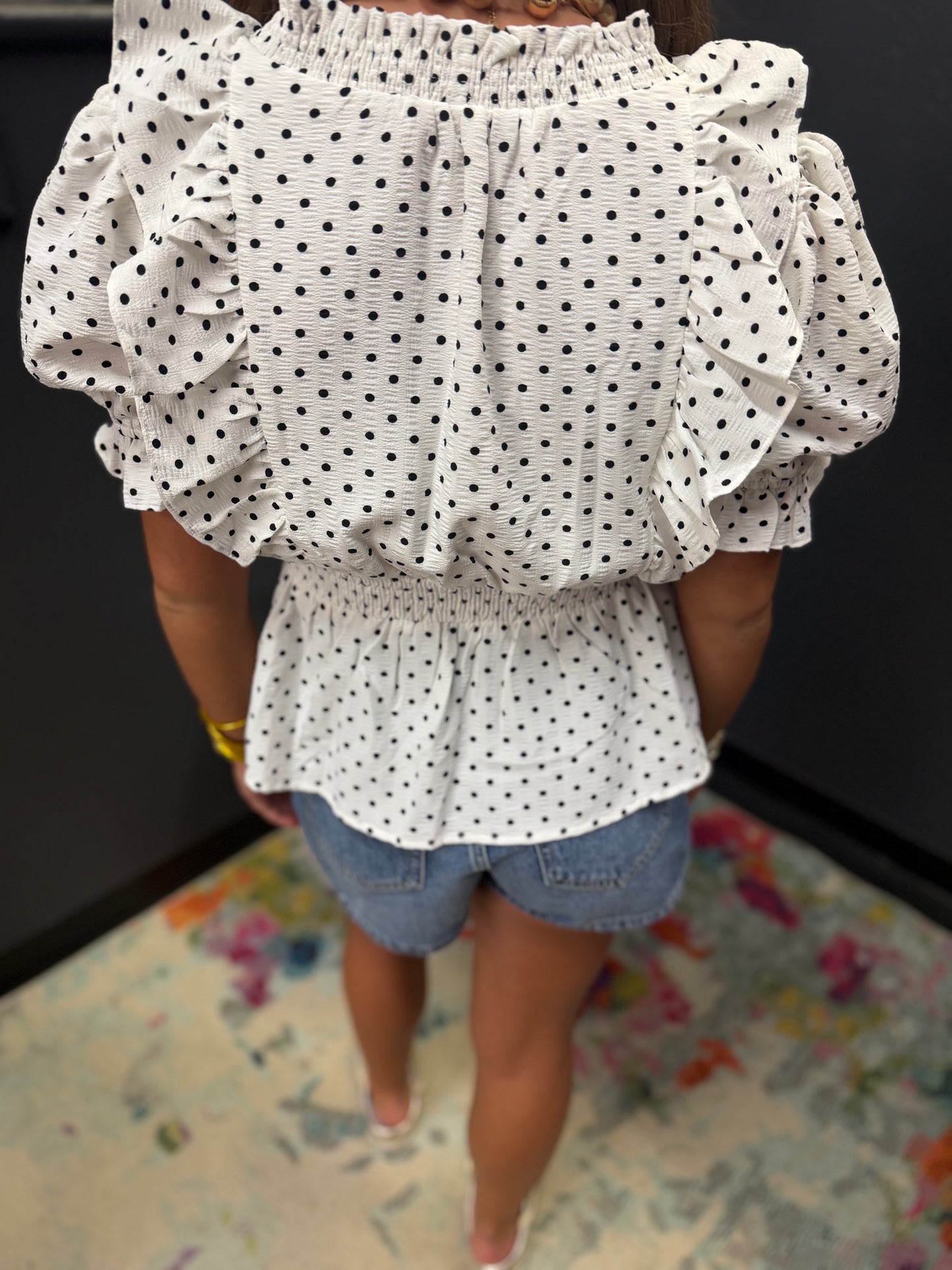 Cream Short Sleeve Polka Dot Smocked Neck Ruffled Peplum Top