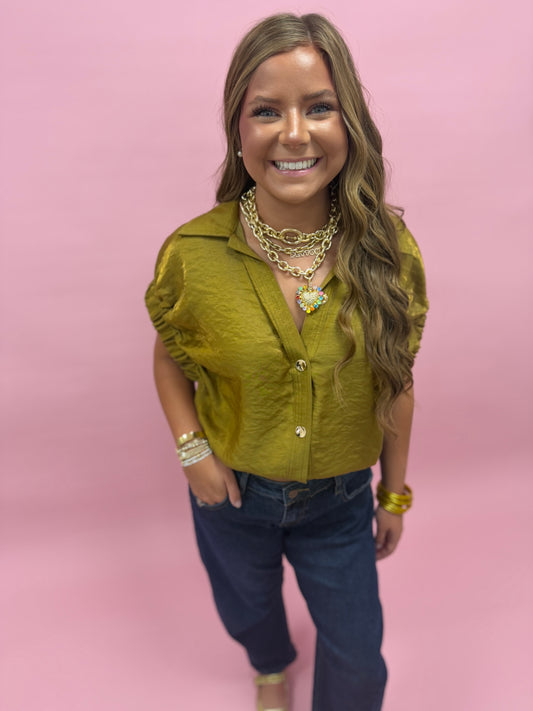 Mustard Collared Blouse With Short Elastic Band Sleeves