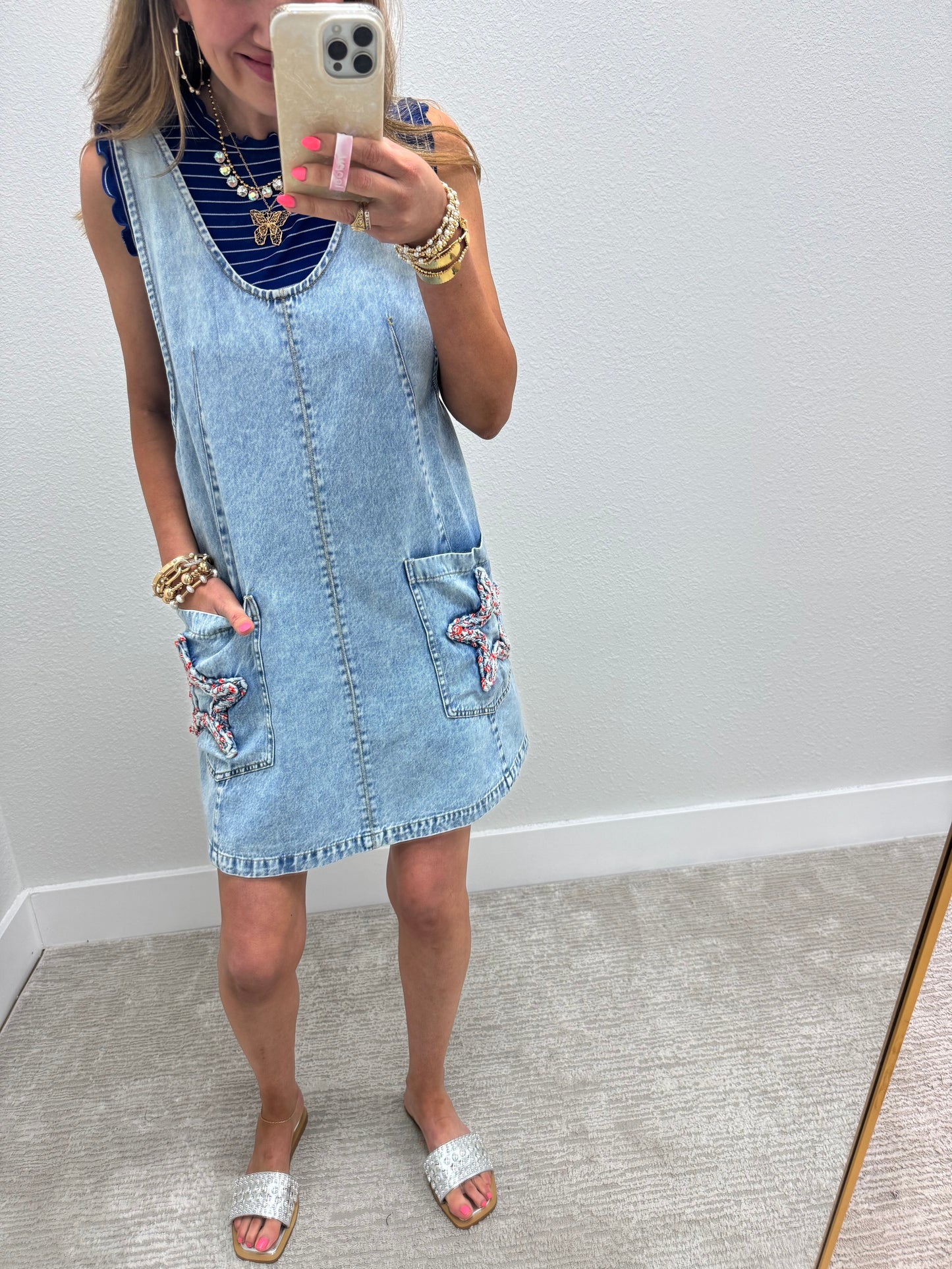 Star Pocket Denim Adjustable Strap Dress