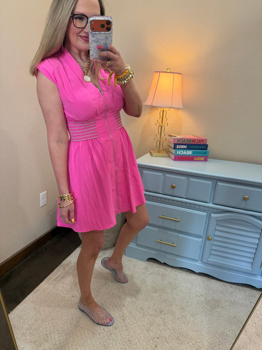 Hot Pink V-neck Front Zip Waist Smocked Mini Dress