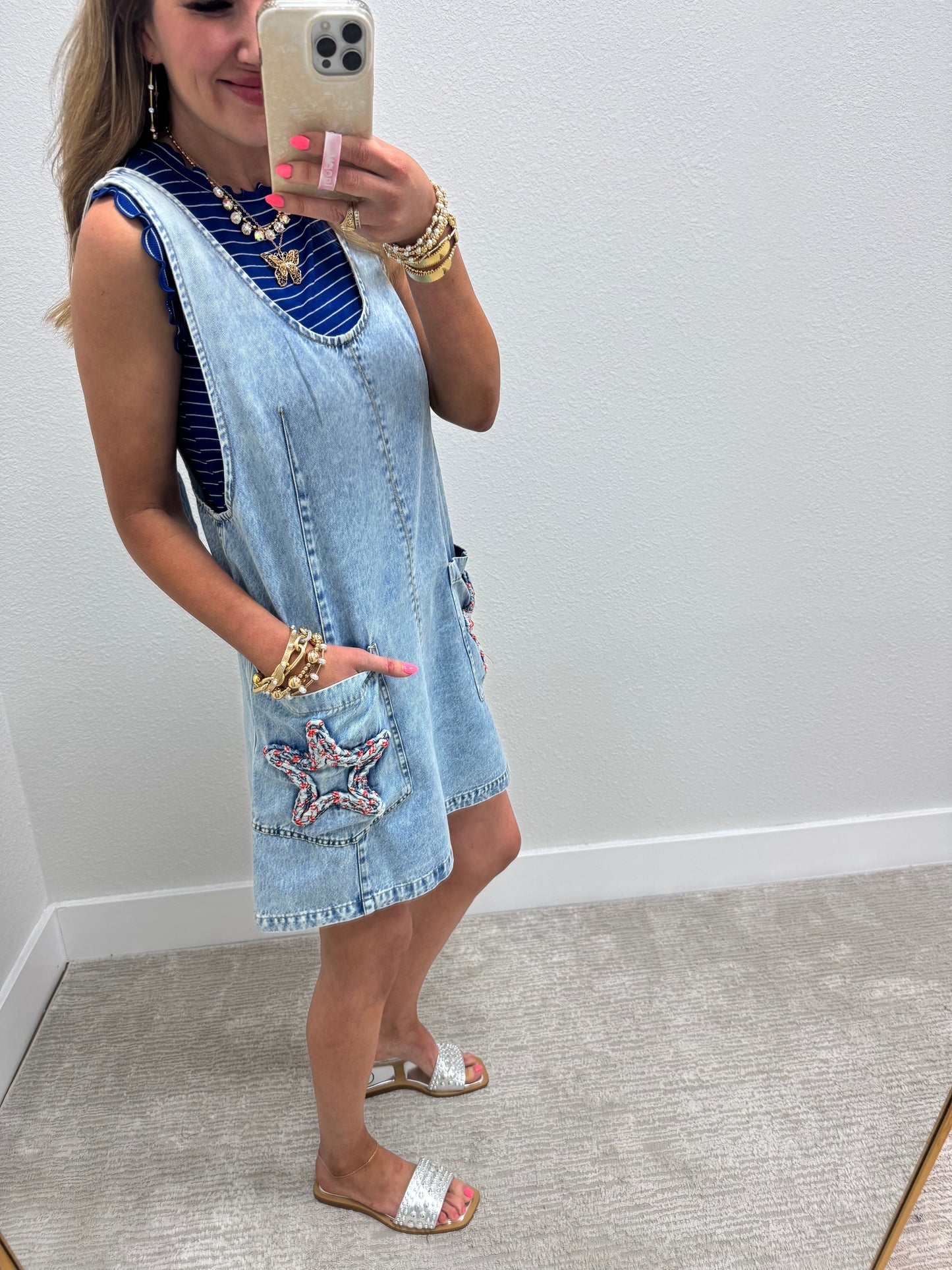 Star Pocket Denim Adjustable Strap Dress