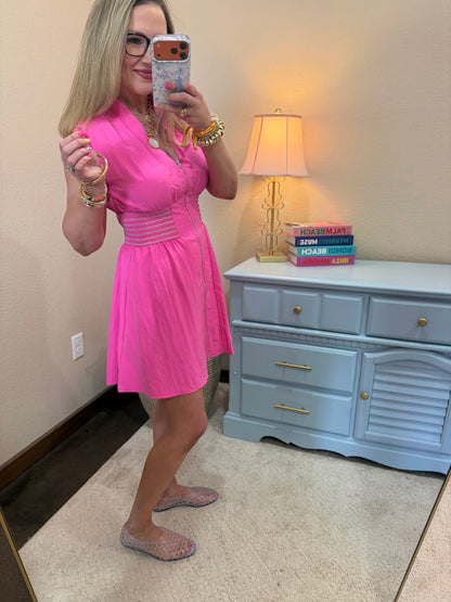 Hot Pink V-neck Front Zip Waist Smocked Mini Dress