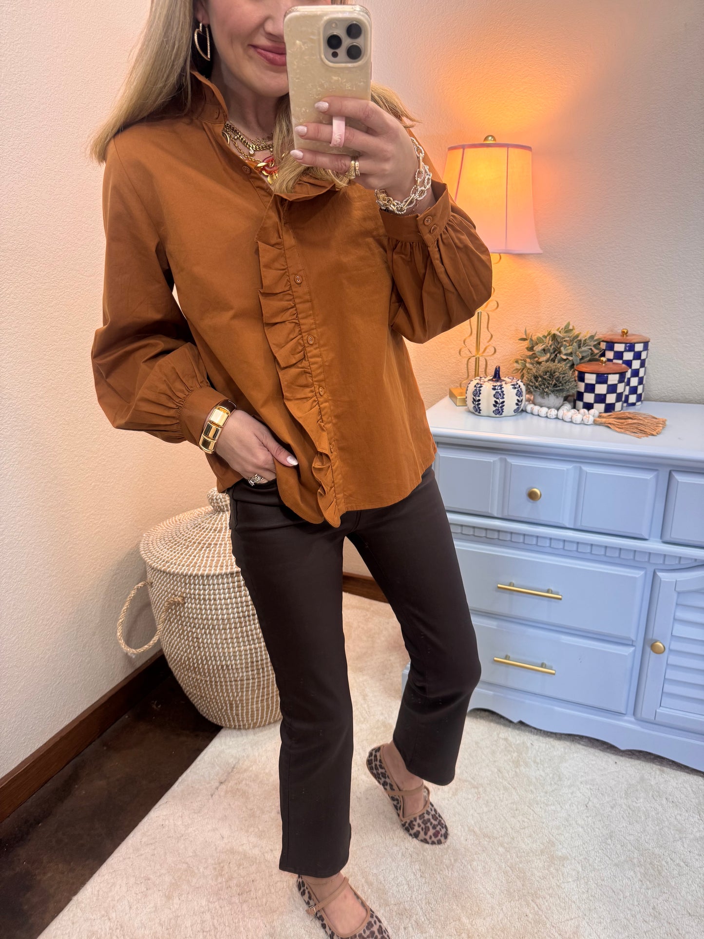 Toffee Long Sleeve Button Top