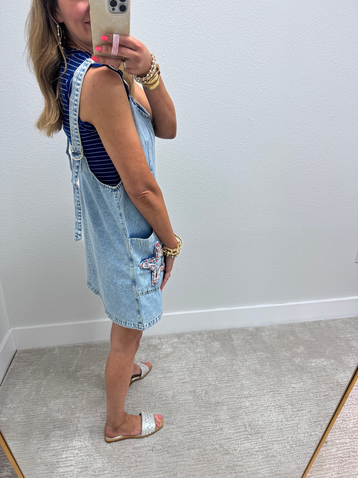 Star Pocket Denim Adjustable Strap Dress