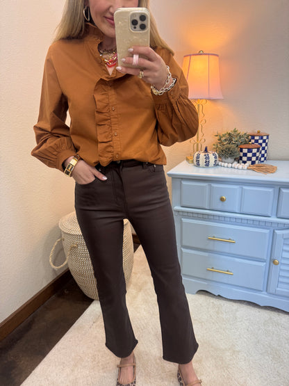 DAZE Brown Coated Kick Flare Jeans FS