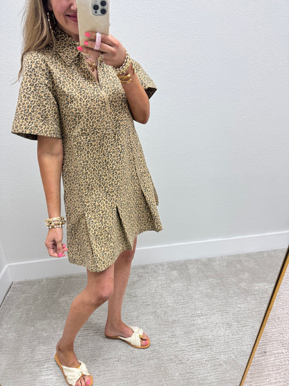 Leopard Pleated Bottom Denim Dress