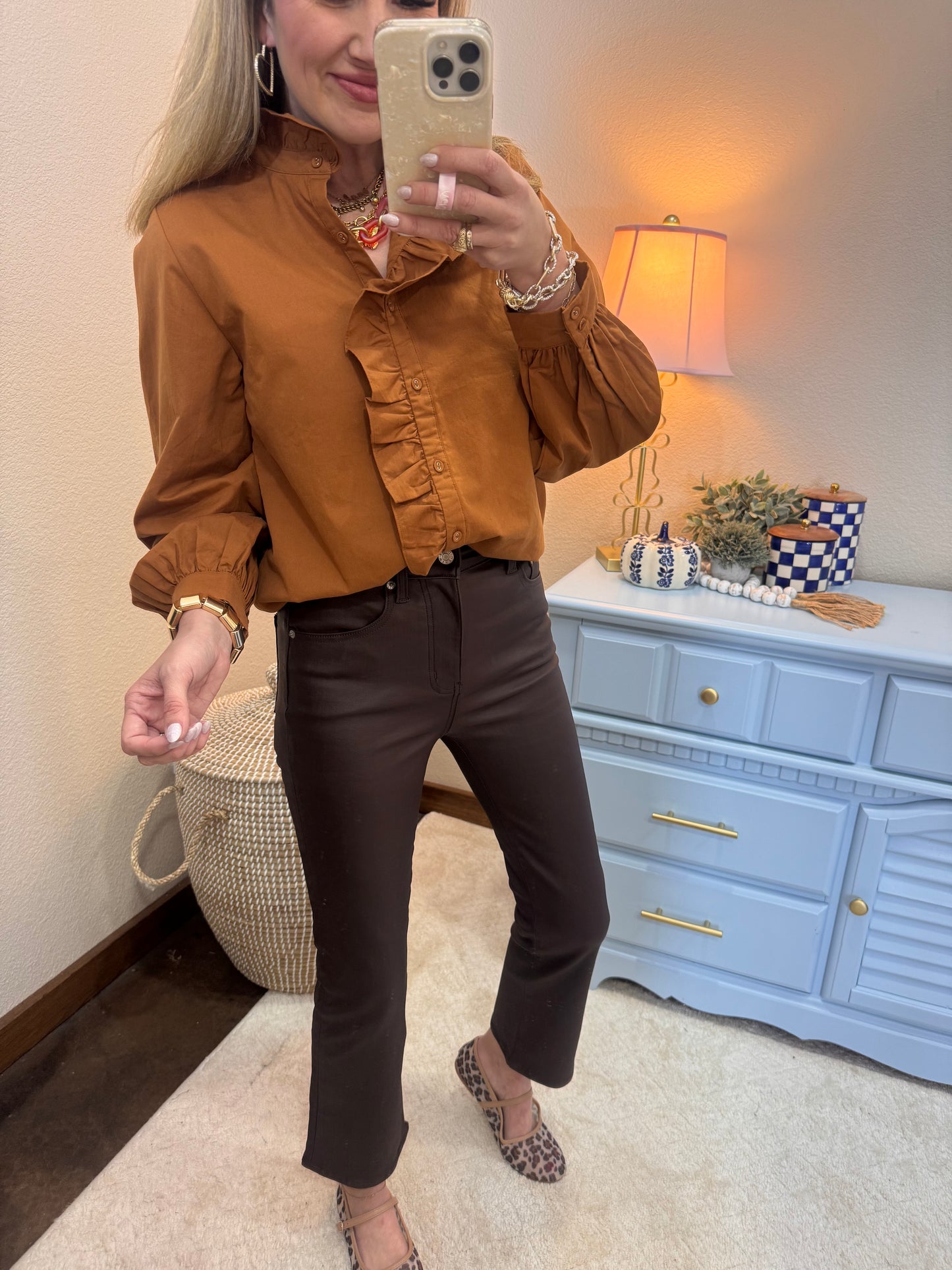 DAZE Brown Coated Kick Flare Jeans