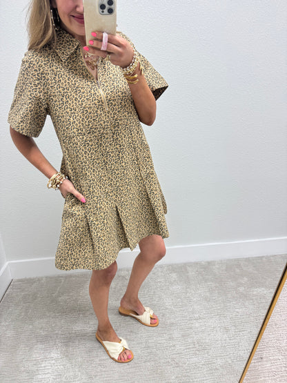 Leopard Pleated Bottom Denim Dress
