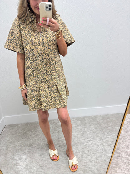 Leopard Pleated Bottom Denim Dress